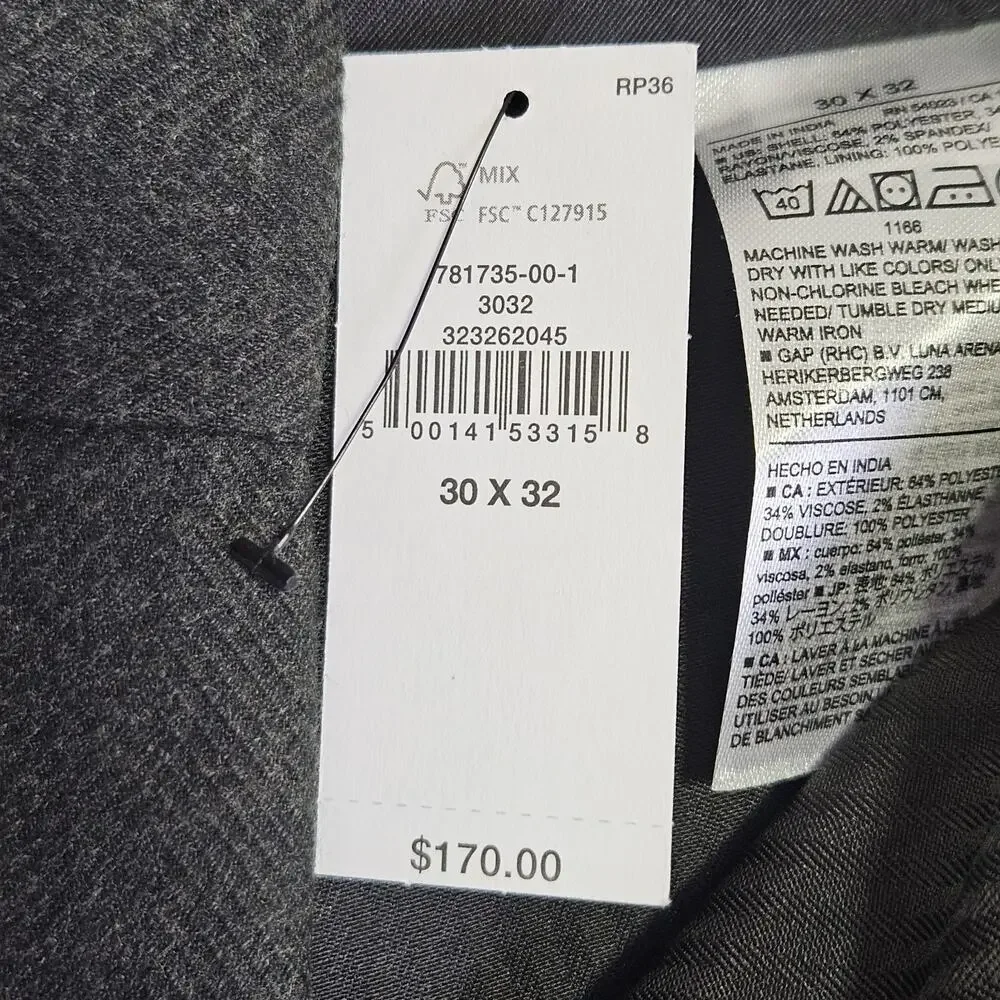 Banana Republic Mens 32x30 Flannel Herringbone Trouser Tailored Dress Pant Gray